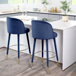 Bellucci Counter Stool - Navy Blue - Brass Caps -Furniture Sale Store bellucci barstool brass blue lifestyle 01 web