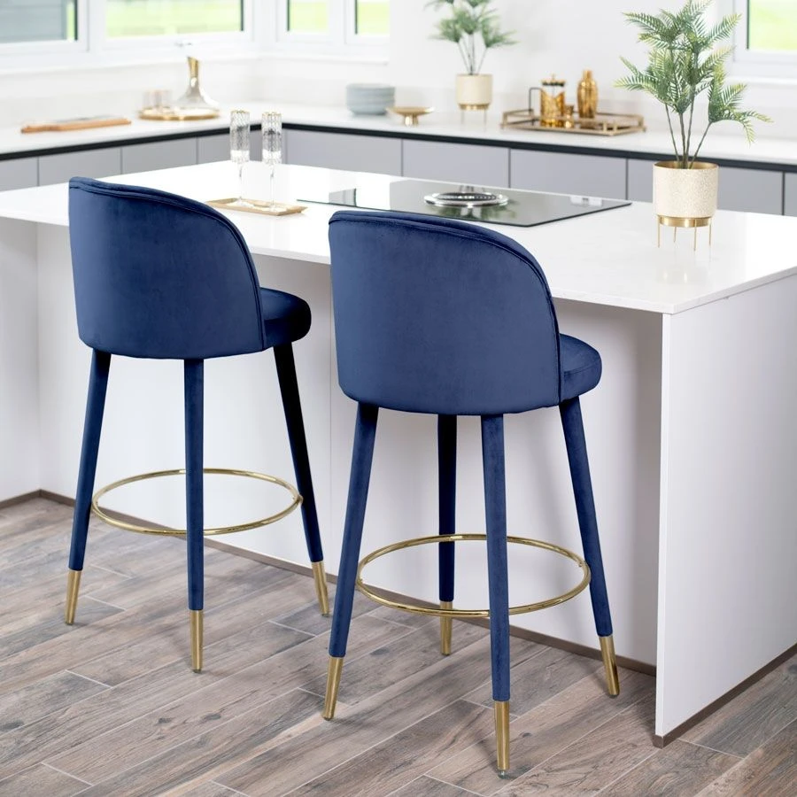 Bellucci Counter Stool - Navy Blue - Brass Caps - Image 2