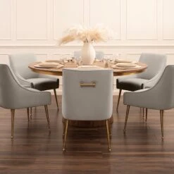 Brewster 6-8 Seat Walnut Dining Table And Six Mason Dove Grey Chairs