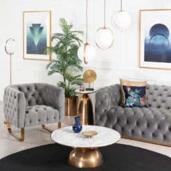 Grosvenor Armchair - Dove Grey - Brushed Brass -Furniture Sale Store grosvenor chair brass grey lifestyle 03 web