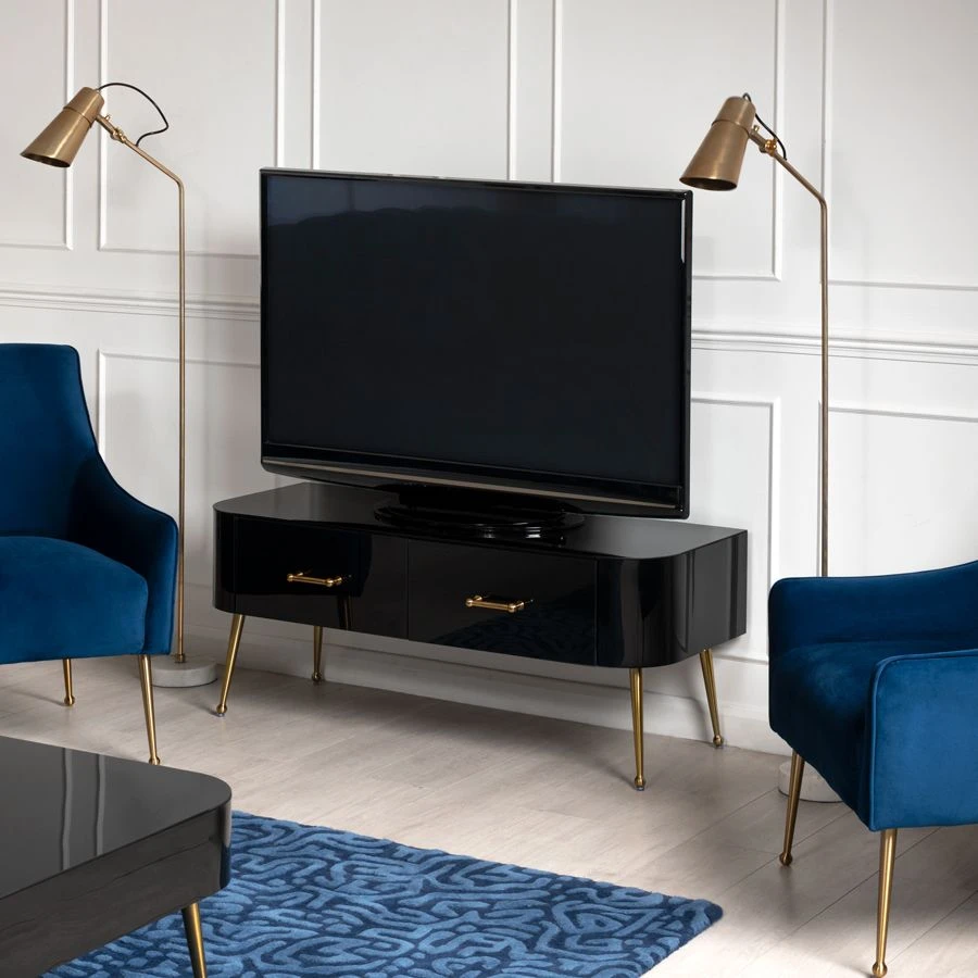 Mason Black Glass TV Media Unit – Brushed Gold Legs 4 Mason Black Glass TV Media Unit – Brushed Gold Legs - Image 2