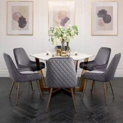 Kronos Brass Dining Table And Six Watson Storm Grey Chairs